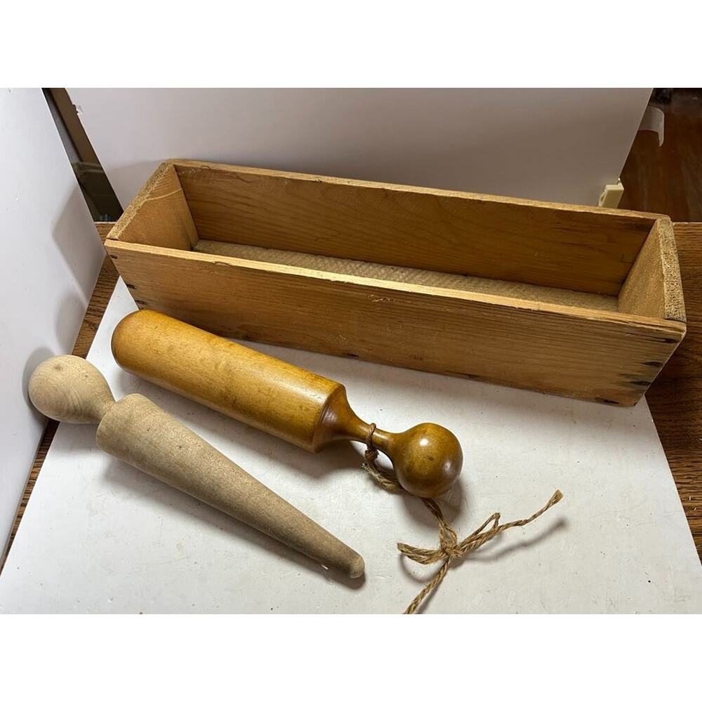 2 Vintage Antique Wooden Pestle masher primitive wood w/ Box